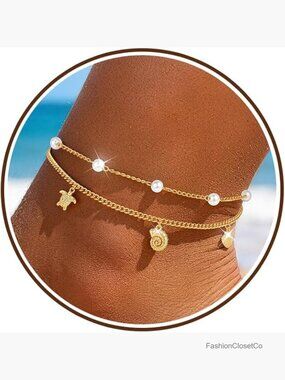 Sterling Silver Gold Plated Dainty Layered Seashell Pearl Charm Anklet
